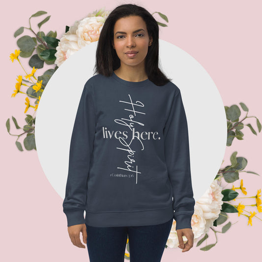 Holy Spirit Lives Here Unisex Organic Sweatshirt (Navy)